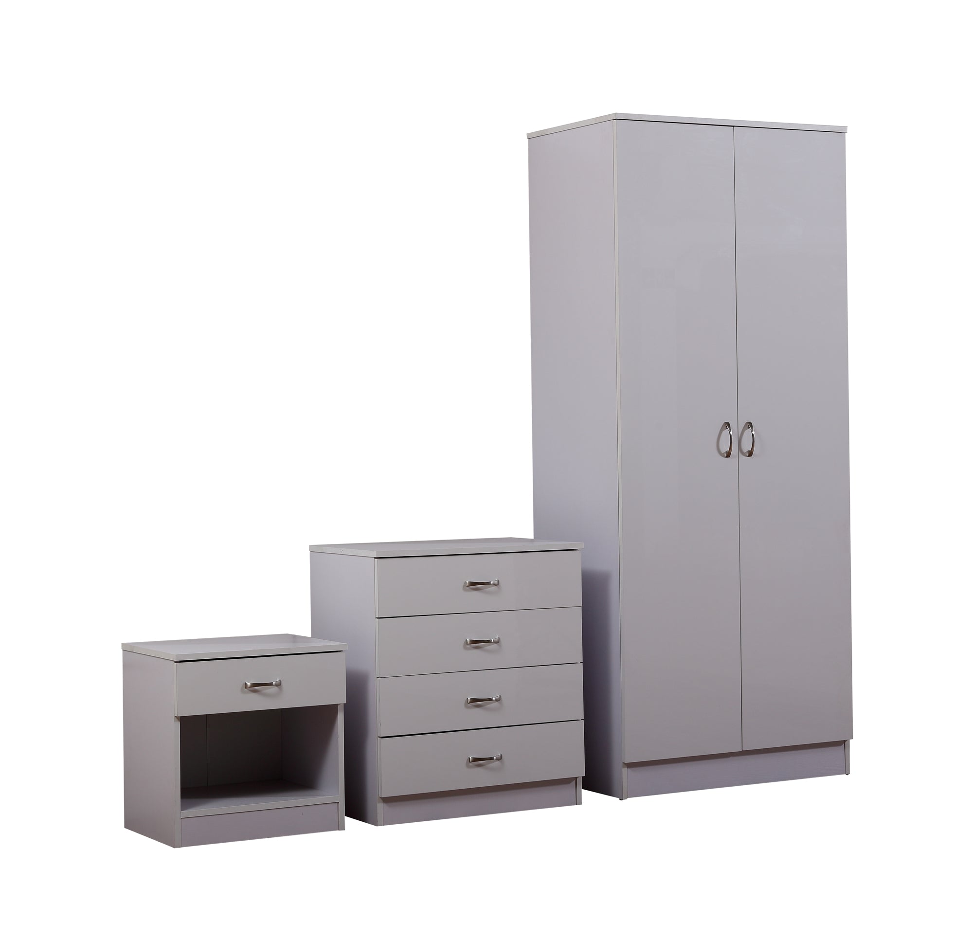 HIGH GLOSS 3 PIECE Bedroom Furniture Set – Wardrobe (2 Door) – Chest (4 Drawer) – Bedside (1 Drawer) – (White on White)