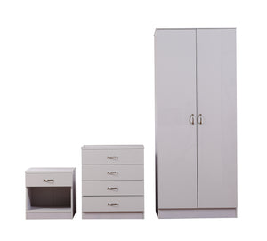 HIGH GLOSS 3 PIECE Bedroom Furniture Set – Wardrobe (2 Door) – Chest (4 Drawer) – Bedside (1 Drawer) – (White on White)